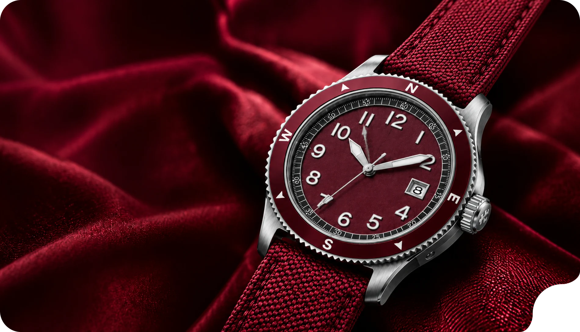 SENA watch with red woven strap on burgundy velvet
