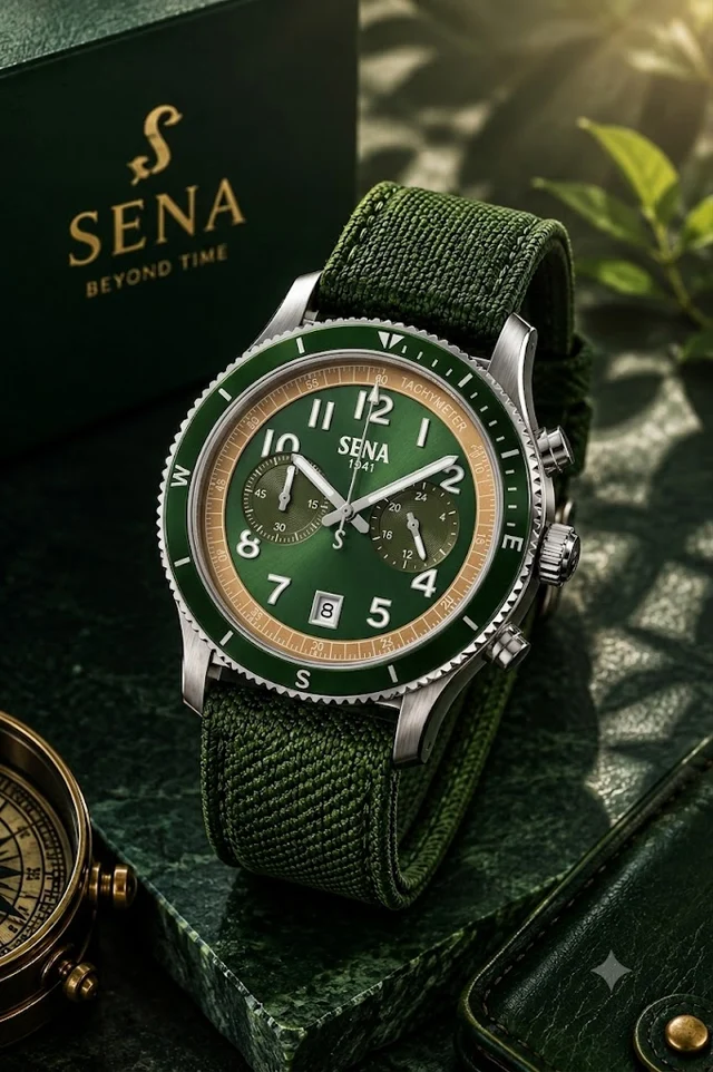 Green Warisan Chronograph in a forest setting